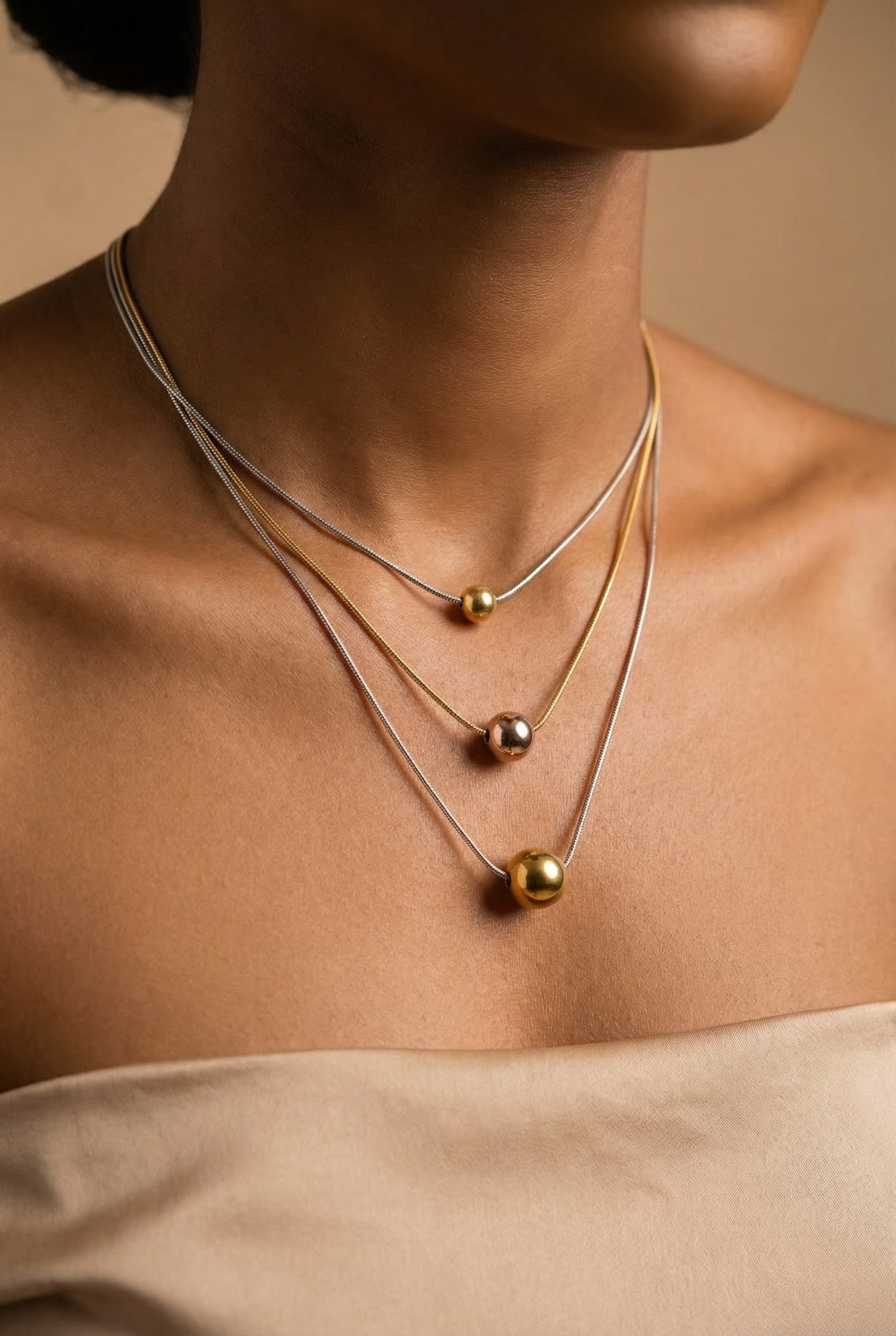 Layered Ball Pendant Necklace Set – Gold & Silver Minimalist Stack