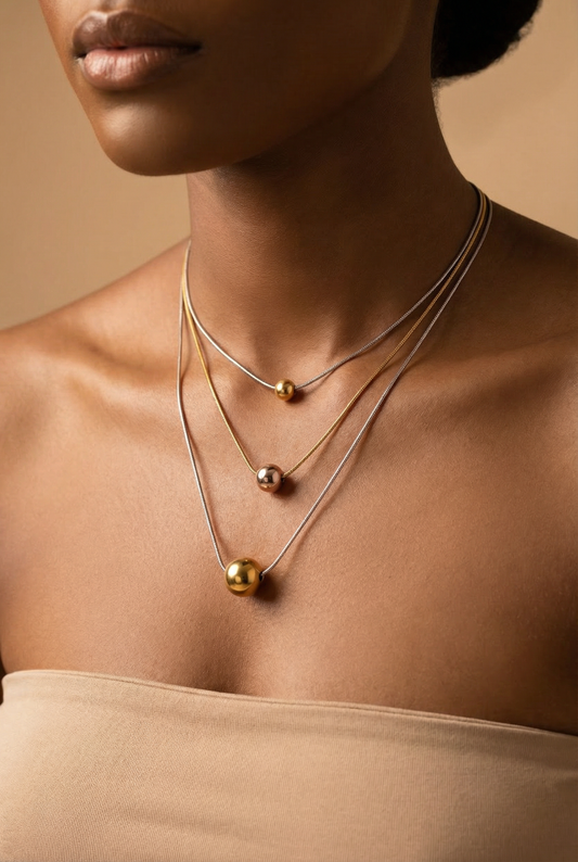 Layered Ball Pendant Necklace Set – Gold & Silver Minimalist Stack