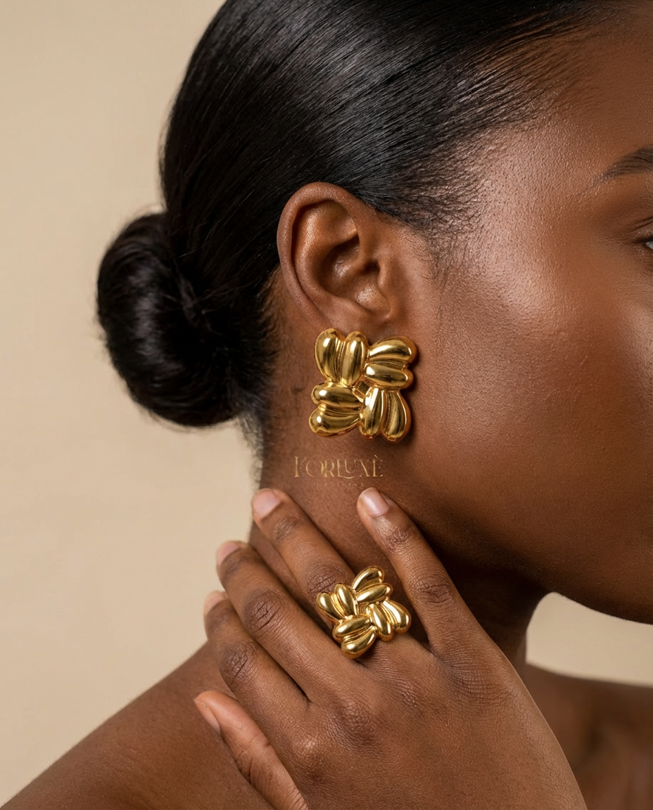 Sculpted Bloom Gold Set – Statement Earrings & Matching Ring